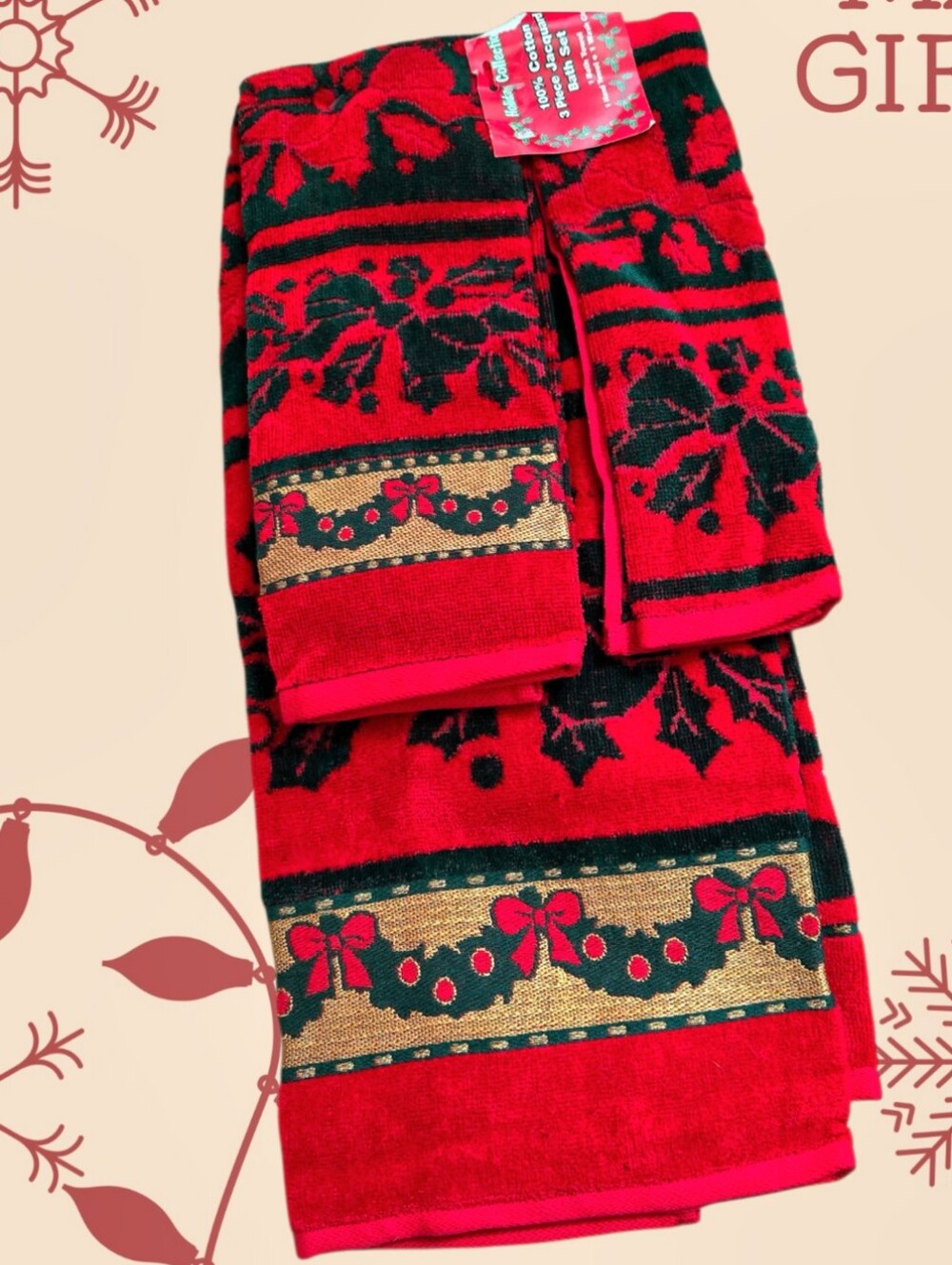 Holiday Collection Christmas Bath Towel Set Jaquard Red Green Gold Holly & Bows